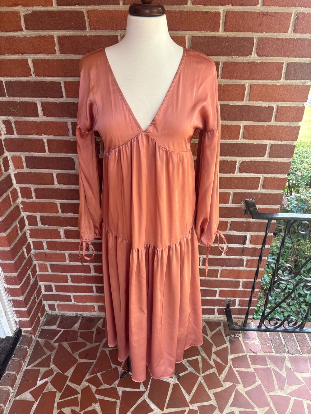 ASOS Pink-Tone V-Neck Tiered Long Sleeve Maxi Dress